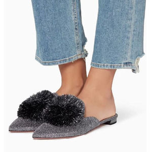 Aquazzura Silver and Black Pom-Pom Sandals